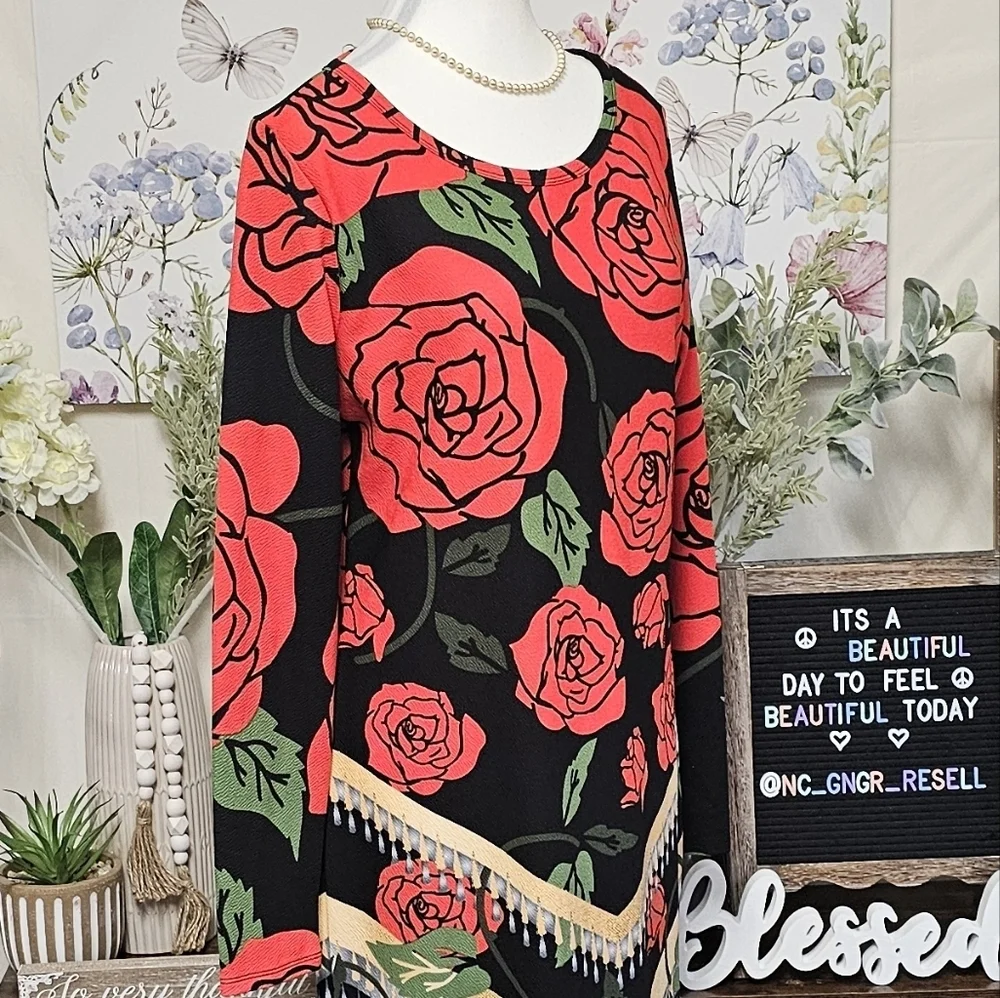 LuLuRoe Womens Size Large Long Sleeve Debbie Style Dress With Rose Pattern - Picture 6 of 15